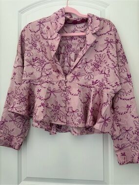 Free People Pink Floral Bow-Print Ruffled Sleep Shirt